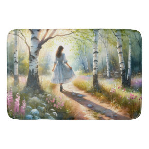 Whimsical Girl Dancing Through Birch Forest Bath Mat