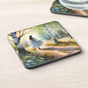 Whimsical Girl Dancing Through Birch Forest Coaster