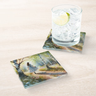 Whimsical Girl Dancing Through Birch Forest Glass Coaster