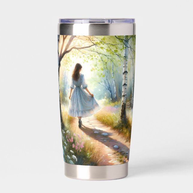 Whimsical Girl Dancing Through Birch Forest Insulated Tumbler (Front)