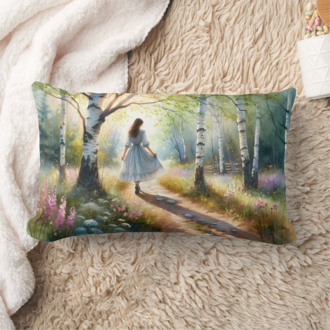 Whimsical Girl Dancing Through Birch Forest Lumbar Pillow (Blanket)