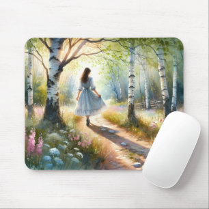 Whimsical Girl Dancing Through Birch Forest Mouse Pad