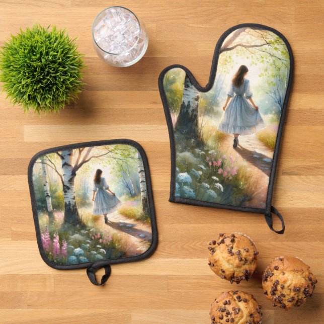 Whimsical Girl Dancing Through Birch Forest Oven Mitt & Pot Holder Set (Top Down)