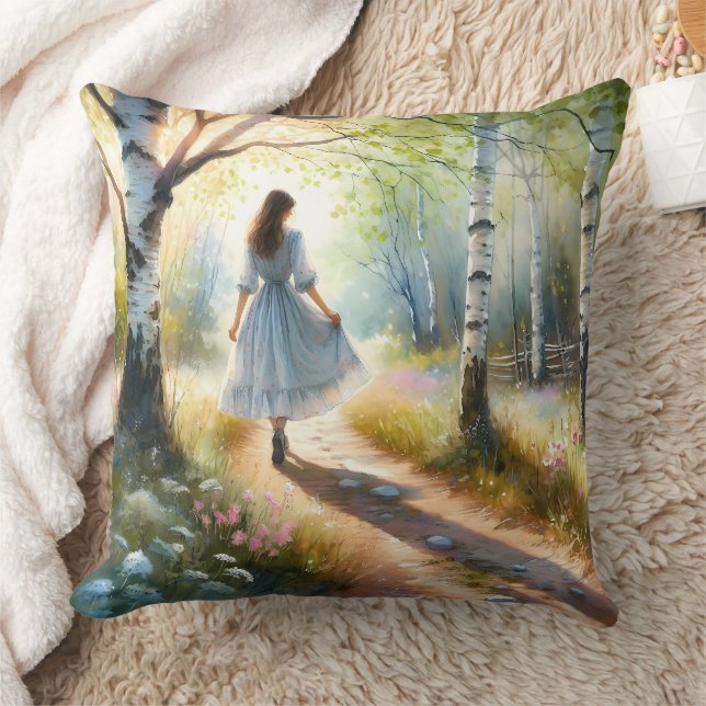 Whimsical Girl Dancing Through Birch Forest Throw Pillow (Blanket)