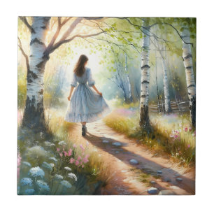 Whimsical Girl Dancing Through Birch Forest Tile