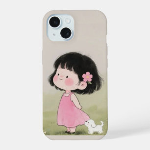 Whimsical Girl & Dog Cartoon Phone Case Design