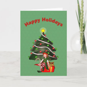 Whimsical Girl Elf Tree présente carte de Noël