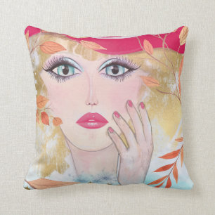 Whimsical Girl Face Hand Colourful Pink Throw Pillow