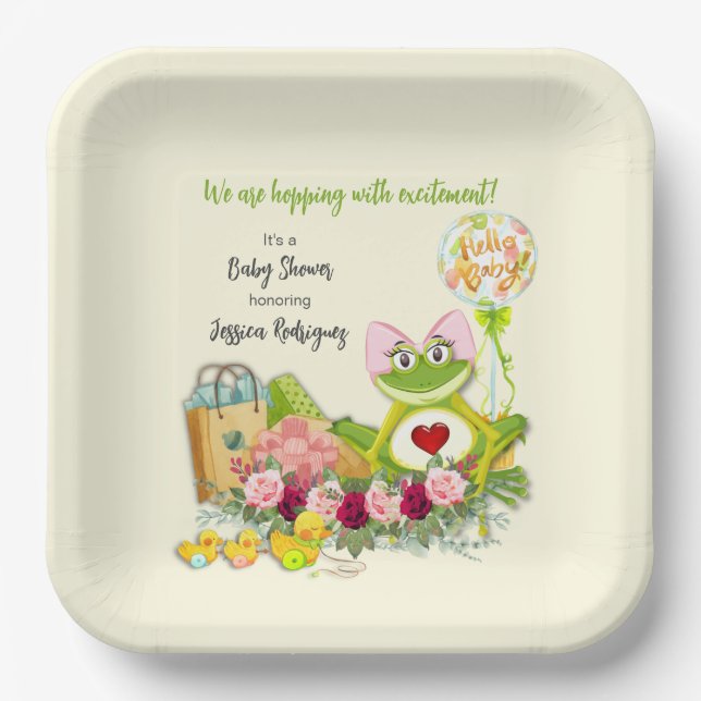 Whimsical Girl Frog Baby Shower Personalized Paper Plate (Front)