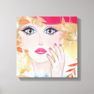 Whimsical Girl in Hat Face Hand Leaves Canvas Print