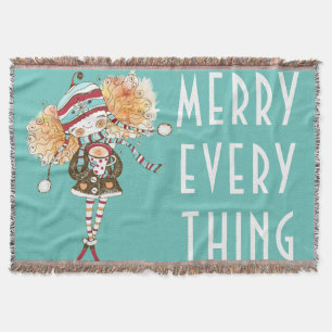Whimsical Girl Merry Everything  Christmas  Throw Blanket