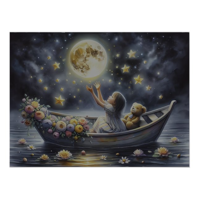 Whimsical Girl Moon Dream Fantasy Scene Poster (Front)