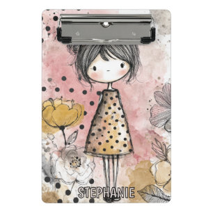 Whimsical Girl Watercolor with Floral Accents (10) Mini Clipboard