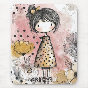 Whimsical Girl Watercolor with Floral Accents (10) Mouse Pad
