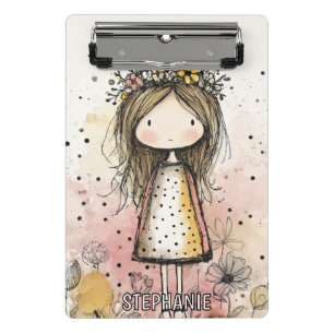 Whimsical Girl Watercolor with Floral Accents (6) Mini Clipboard
