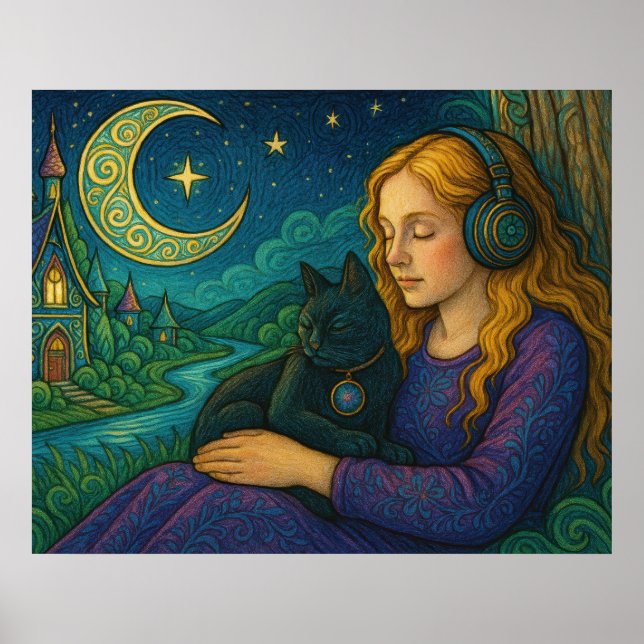 Whimsical Girl with Black Cat Under Crescent Moon Poster (Front)
