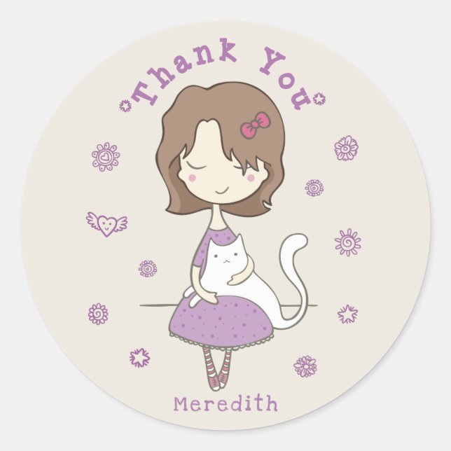 Whimsical Girl With Cat "Thank You" Classic Round Sticker (Front)
