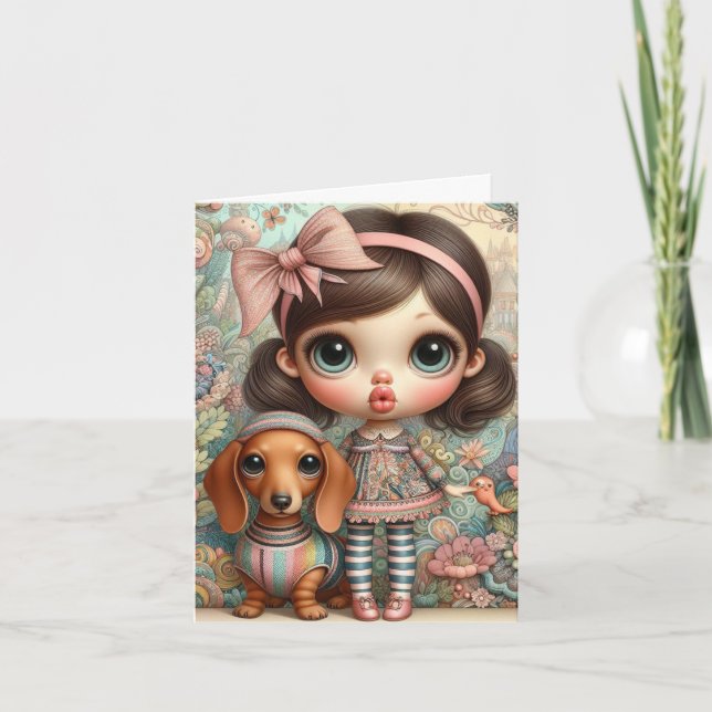 Whimsical Girl with Dachshund Card (Front)