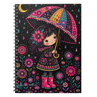 Whimsical Girl with Floral Umbrella Starry Night  Notebook
