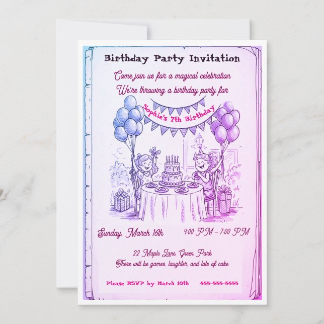 Whimsical Girls Birthday Party Invitation | Hand-D (Devant)