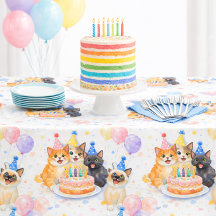 Whimsical Girls Cat Birthday Party Tablecloth