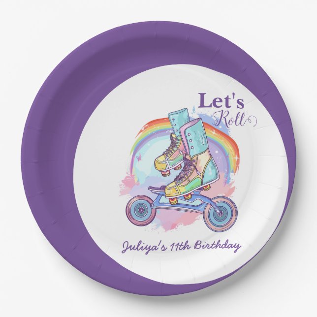 Whimsical Girls Roller Skating purple Birthday  Paper Plate (Front)