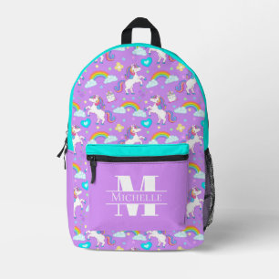 Whimsical Girl's Unicorns and Rainbows Monogram Printed Backpack