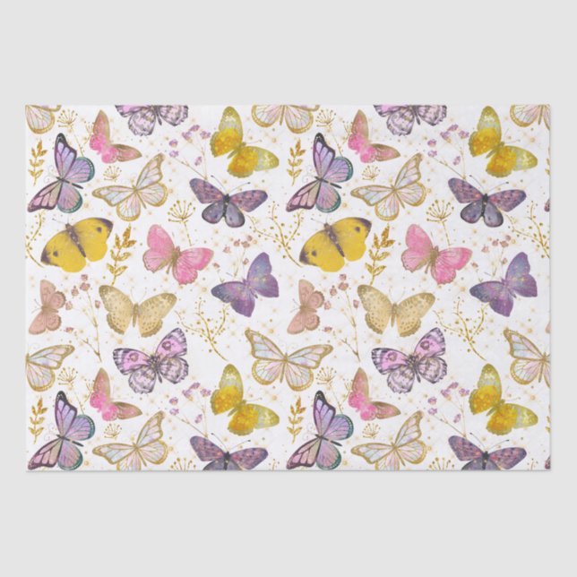 Whimsical Girly Faux Glitter Butterflies Golden Tissue Paper (Front)