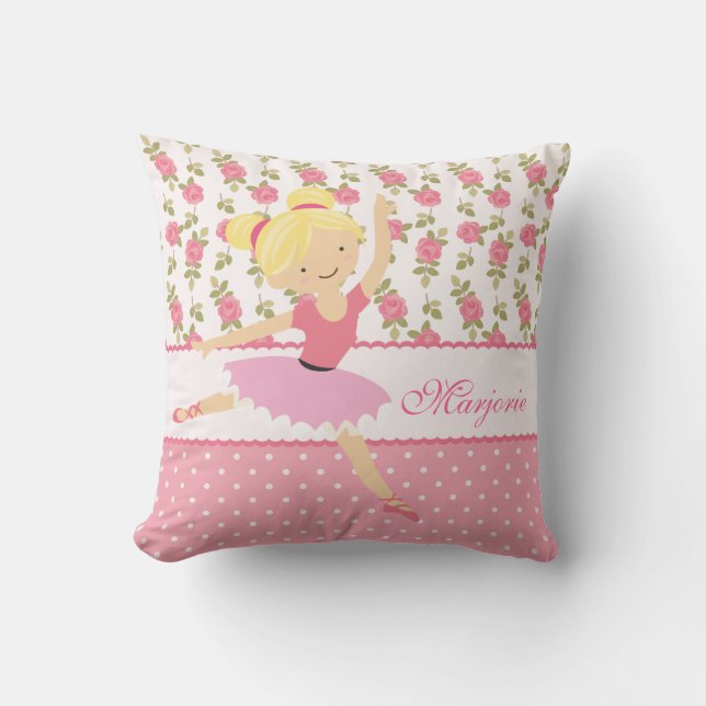 Whimsical Girly Floral Pink Ballerina Personalized Throw Pillow (Front)