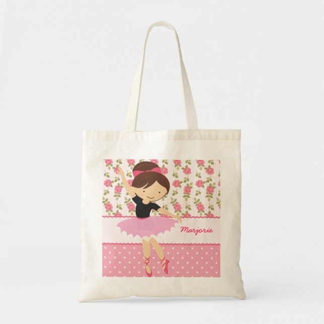 Whimsical Girly Floral Pink Ballerina Personalized Tote Bag (Front)
