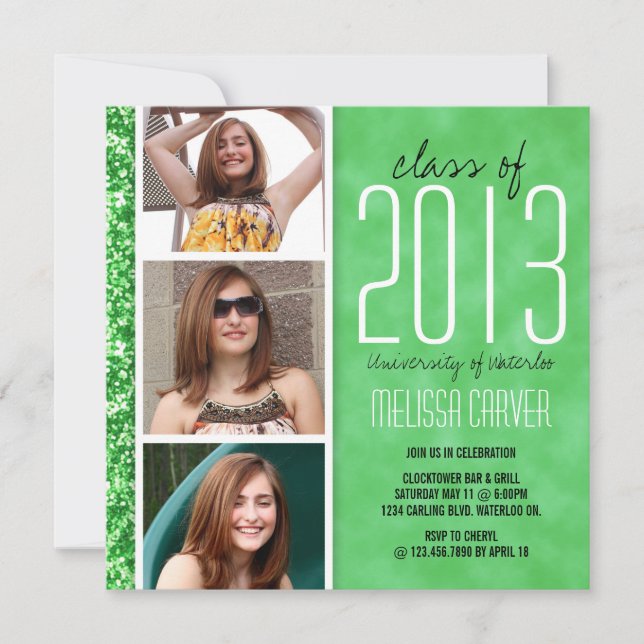 Whimsical Glitter Grad Announcement - Green (Front)