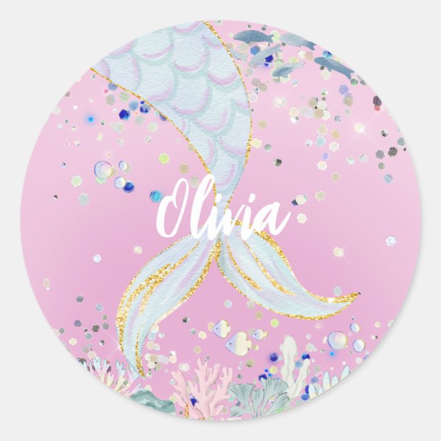 Whimsical Glitter Mermaid Beachy Under the Sea  Classic Round Sticker (Front)