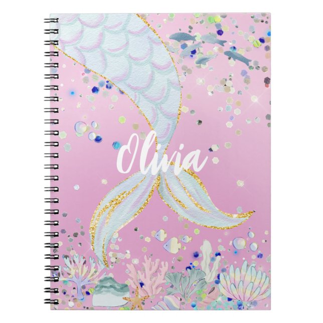 Whimsical Glitter Mermaid Beachy Under the Sea  Notebook (Front)