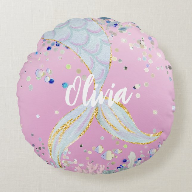 Whimsical Glitter Mermaid Beachy Under the Sea  Round Pillow (Front)