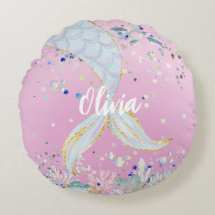 Whimsical Glitter Mermaid Beachy Under the Sea  Round Pillow