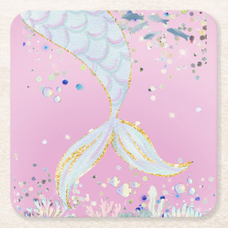 Whimsical Glitter Mermaid Beachy Under the Sea  Square Paper Coaster