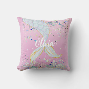 Whimsical Glitter Mermaid Beachy Under the Sea Throw Pillow