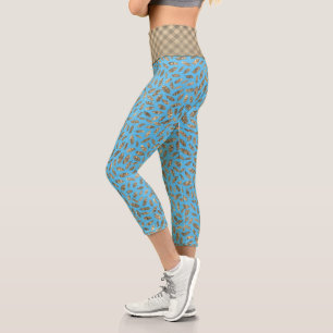Whimsical Glittery Leaves on Teal Capri Leggings