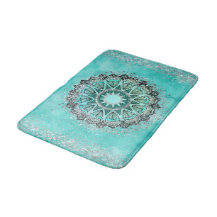 Whimsical Glittery Lotus Mandala on Teal Bath Mat