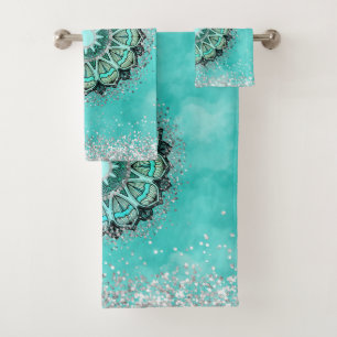 Whimsical Glittery Lotus Mandala on Teal Bath Towel Set