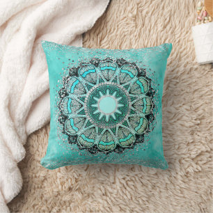 Whimsical Glittery Lotus Mandala on Teal  Throw Pillow