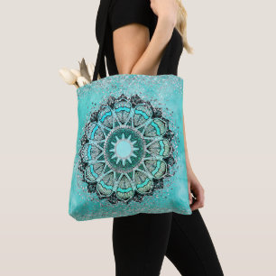 Whimsical Glittery Lotus Mandala on Teal   Tote Bag