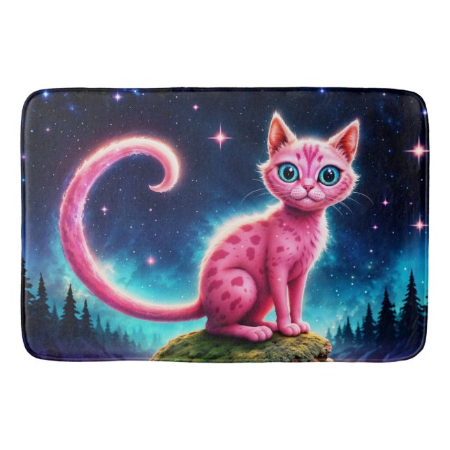 Whimsical glowing cat, long tail blue eyes art bath mat (Front)