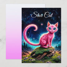 Whimsical glowing cat, long tail blue eyes art