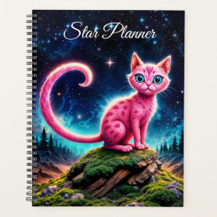 Whimsical glowing cat, long tail blue eyes art planner