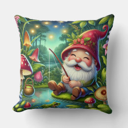 Whimsical Gnome Fishing by A Magical Forest Throw Pillow