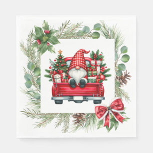 Whimsical Gnome in Red Truck with Christmas Wreath Napkin