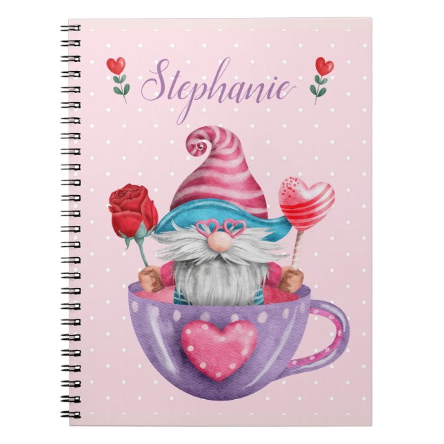Whimsical Gnome in Tea Cup Hearts & Flowers   Notebook (Front)