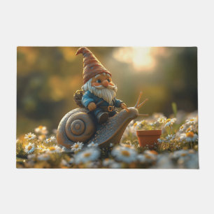 Whimsical Gnome on Snail Ride Magical Garden Scene Doormat