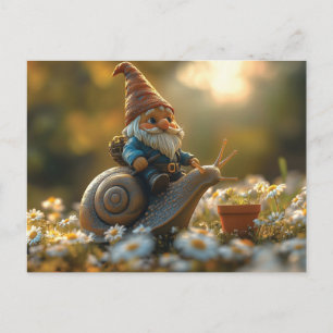 Whimsical Gnome on Snail Ride Magical Garden Scene Holiday Postcard